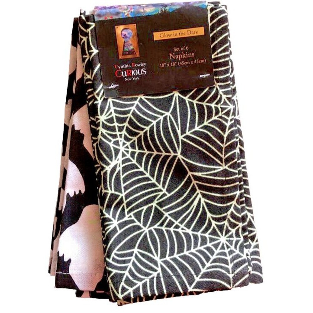 Cynthia Rowley Halloween Fabric Napkins Set of 6 Glow In The Dark 18x18" Webs